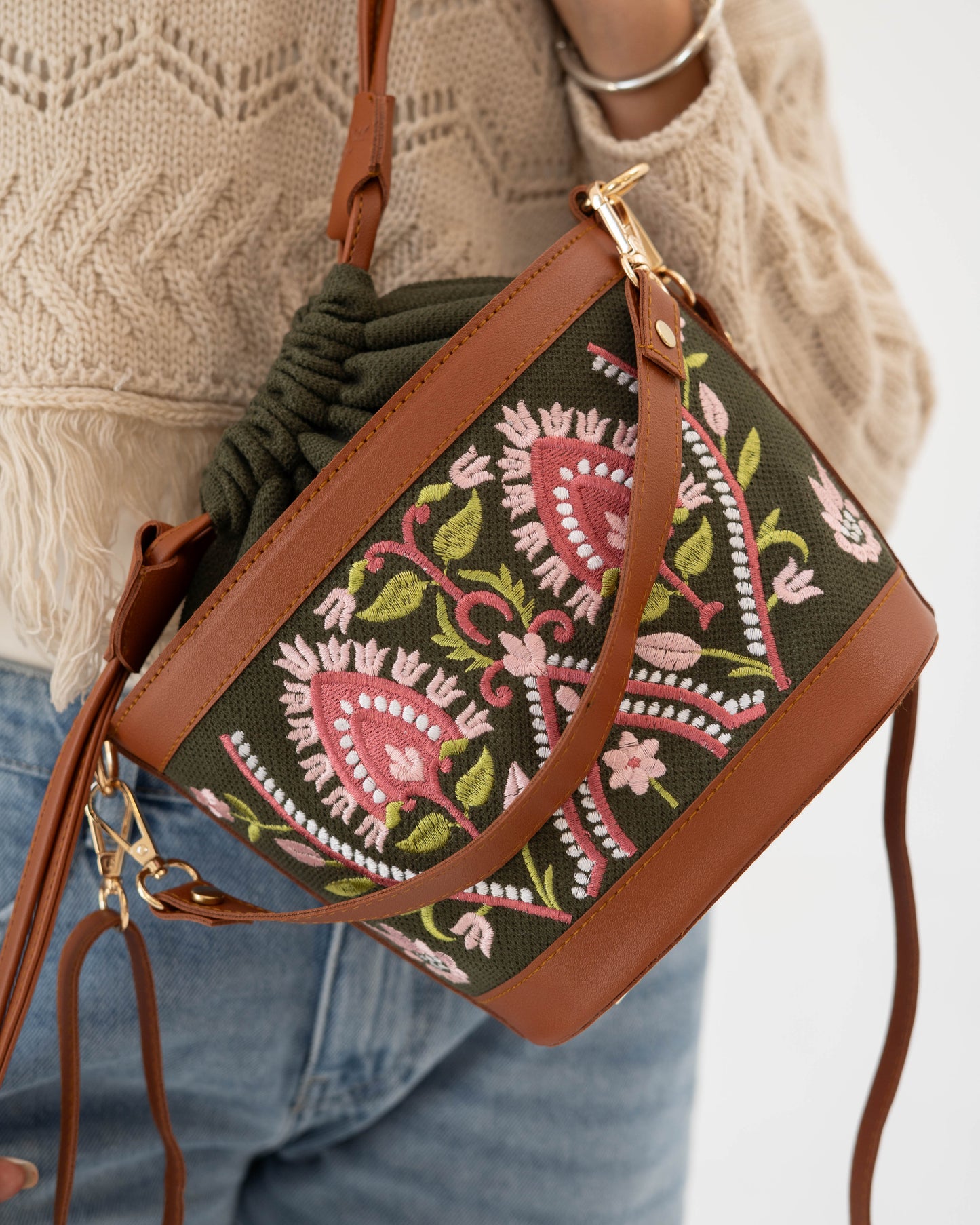 Olive Floral Pocket Crossbag