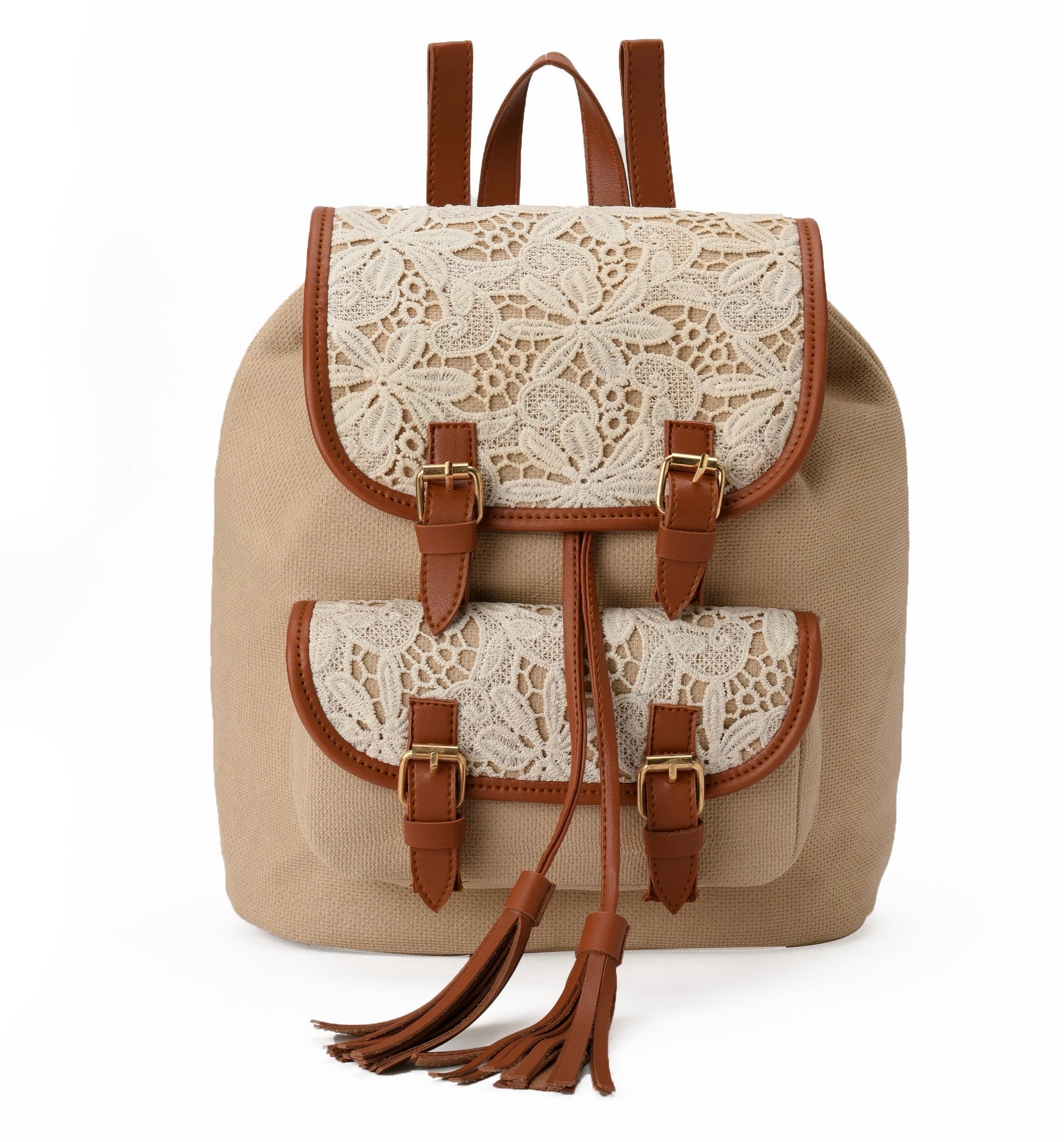 brown faux leather backpack with ivory floral crochet overlay Lace Backpack